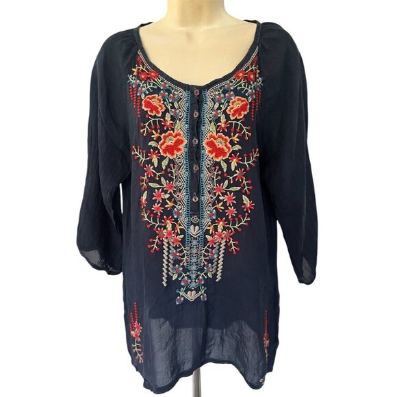 New Johnny Was Navy Floral Embroidered Cupra Rayon Boho Olivia Blouse Top - Picture 4 of 11
